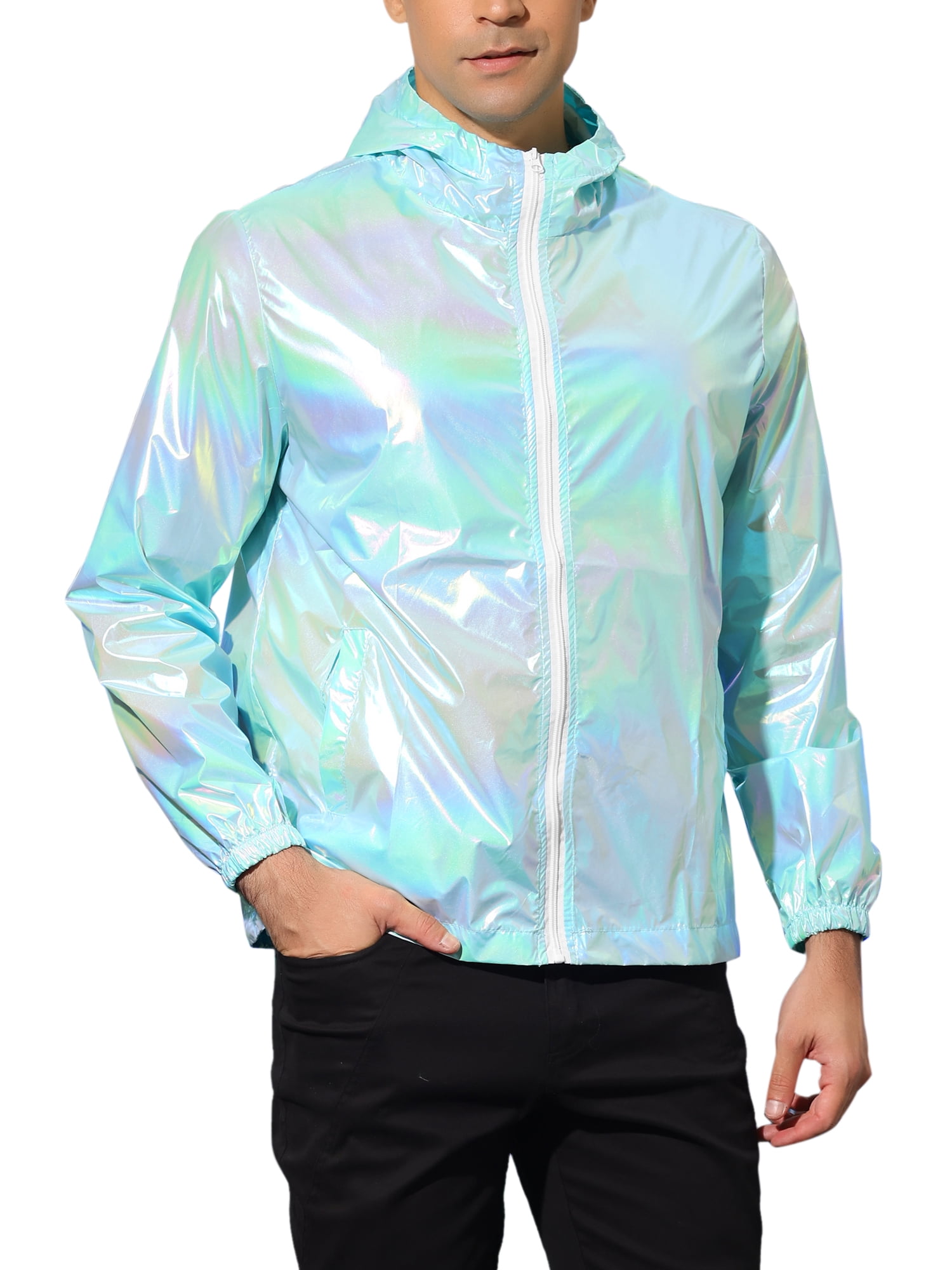 INSPIRE CHIC Men's Jacket Metallic Zip up Hooded Lightweight Holographic Shiny Jackets M Mint Blue