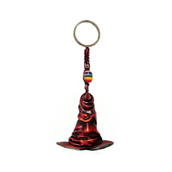 Red Wizard Hat Fantasy 3D Figurine Keychain Multicolored Macramé Metal Ring - Handmade Gifts Boho Car Keys Bag Accessories