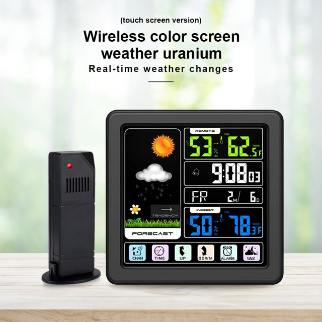 LED Wireless Weather Station with Outdoor Sensor Touchscreen Table Mount Clock Nursery Thermometer Humidity Meter Home Accurate Black