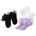 thumbnail image 4 of GOOHOCHY 3 pares de calcetines de encaje para niñas pequeñas, de verano, de algodón suave, con ribete de encaje, para vestido de princesa, color blanco, negro y morado., 4 of 8
