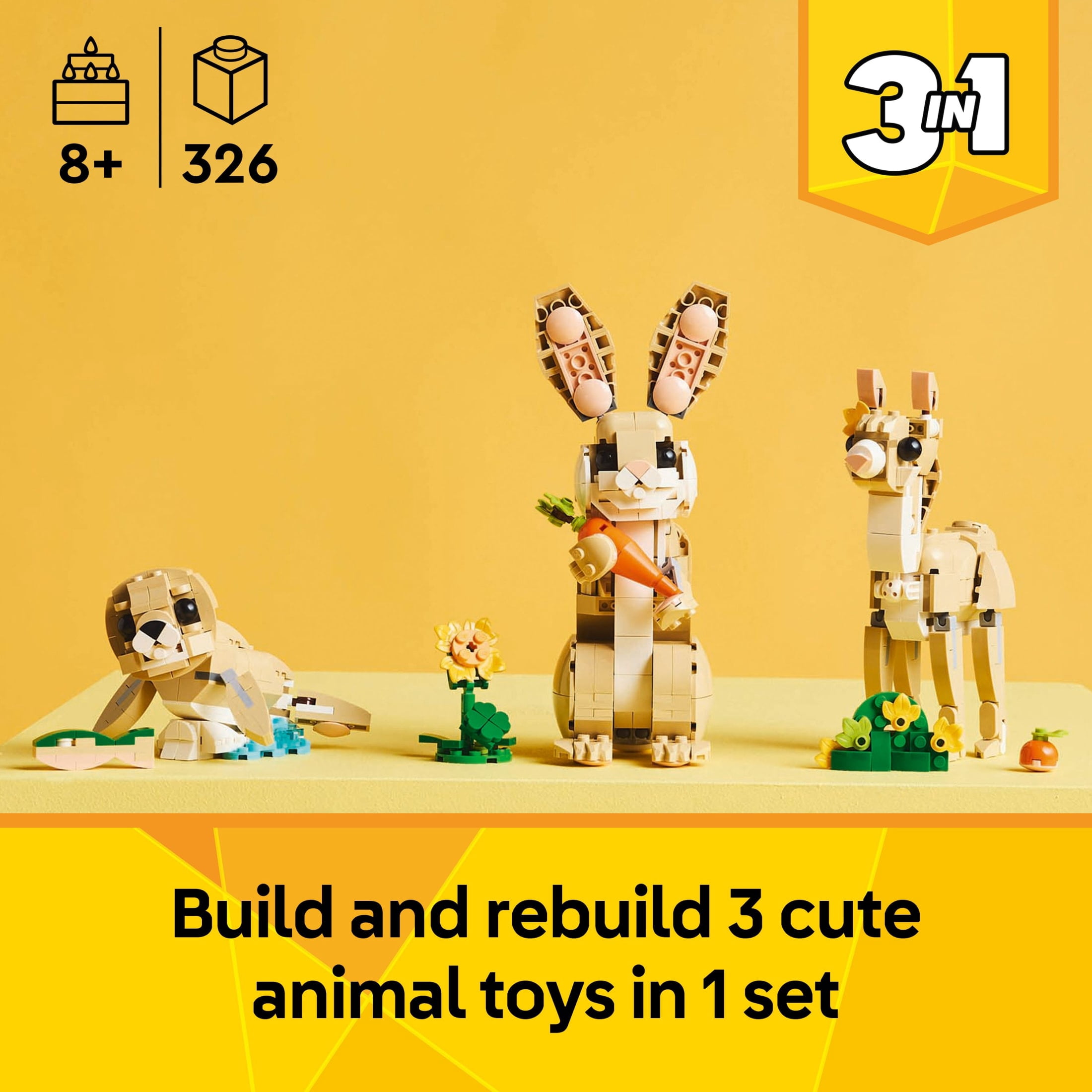 LEGO Creator 3in1 Cute Bunny - Building Toys Set W/ 3 Building Options, Bunny, Seal, or Llama - Birthday Gift for Kids, Ages 8+ - Craft for Girls & Boys - 31162
