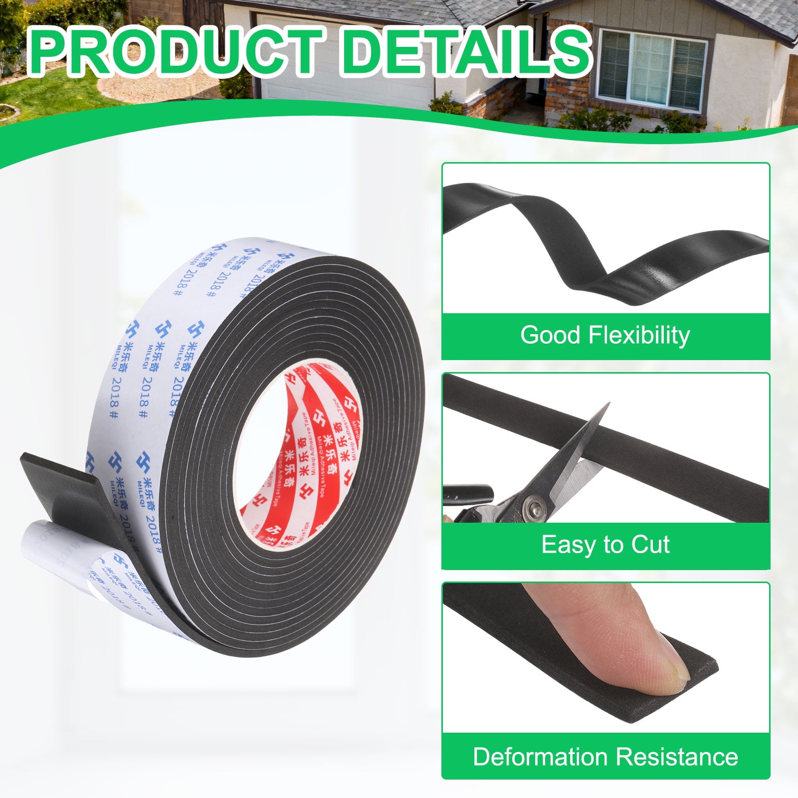 Uxcell 4Roll Sponge Rubber Foam Tape, 1 3/4" W x 1/8" t x 16.4ft l Self-Adhesive Foam Insulation Tape Weather Stripping for Window Door Soundproofing Weatherstrip AC Seal Strip, Black