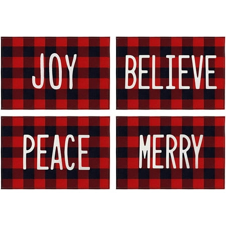 

JOOCAR Christmas Placemats 18x12 Inches Red and Black Buffalo Plaid Believe JOY Peace MERRY Christmas Placemats for Home Table Holiday Decor Rectangular Placemats Set of 4