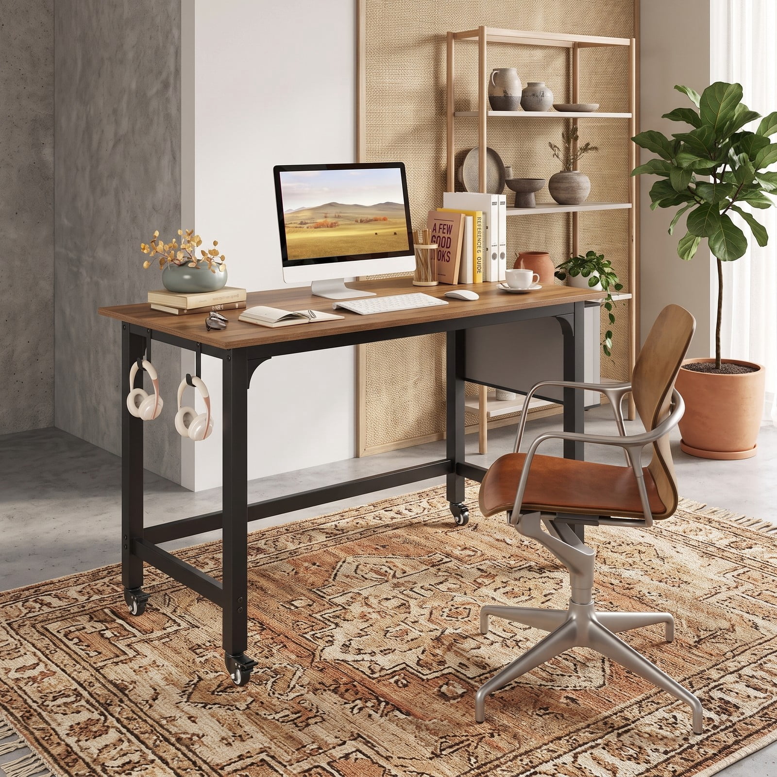 Furnibear 48 Inch Mobile Computer Desk with Wheels, Rolling Office Desk with Storage Bag and Headphone Hooks, Combinable Home Office Workstation, Black