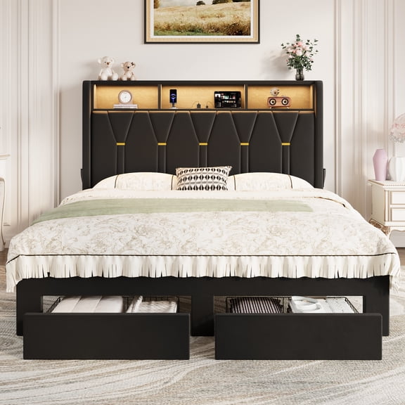 Amolife Queen Bed Frame with 2-Tier Shelves Wingback Headboard and Two Large Storage Drawers, Fast Charging Station and Multi-Color LED, Black