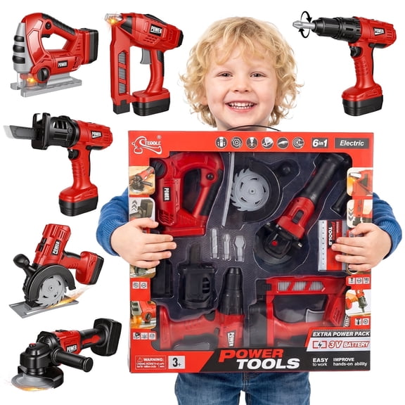 HopeRock Kids Tool Set, 6-in-1 Toy Tool Set with Pretend Power Tools, Toy Drill, Toy Saw, Nail Gun and Angle Grinder for Kids Ages 3 .