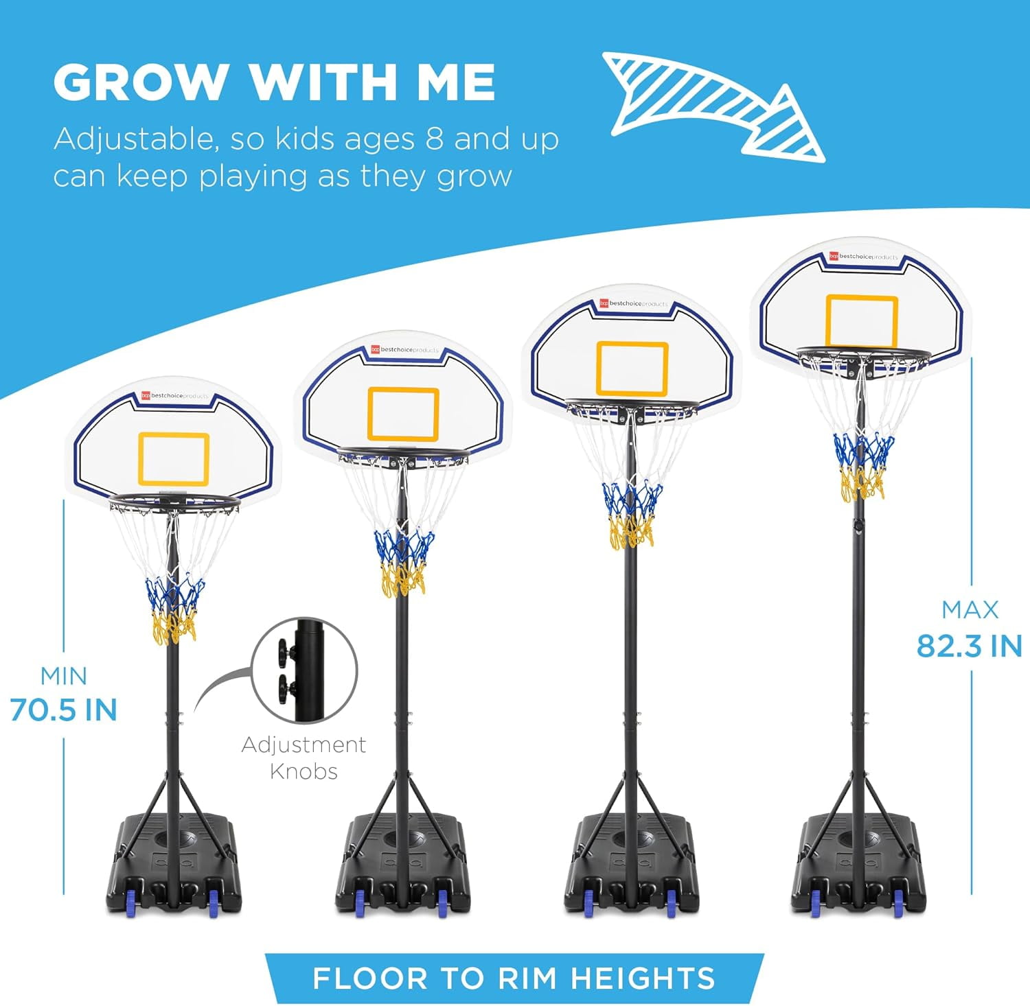 CHTER Kids Height-Adjustable Basketball Hoop, Portable Backboard Set w/ 2 Wheels, Fillable Base, 70.5in to 82.3in Tall