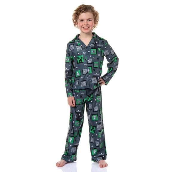 Minecraft Kid's AOP Creeper & Icons Print 2-Piece Long Sleeve Button Down Coat Elastic Waist Pajama Pant PJ Sleep Set