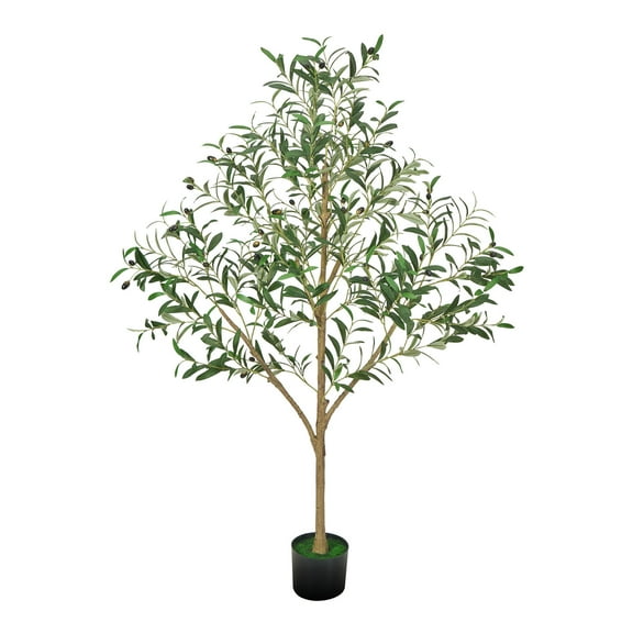KFFKFF 5FT Artificial Olive Tree with Black Pot, Tall Faux Plant Featuring Natural Wood Trunk, Realistic Green Leaves, and Decorative Fruits for Indoor Use in Home, Office, or Living Room