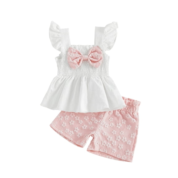 Loicainy Toddler Baby Girl Summer Clothes 6 12 18 24 Months 2T 3T 4T Casual Decorative Bow Smocked Flying Sleeve Tops and Flower Shorts 2 Pcs Outfits Set