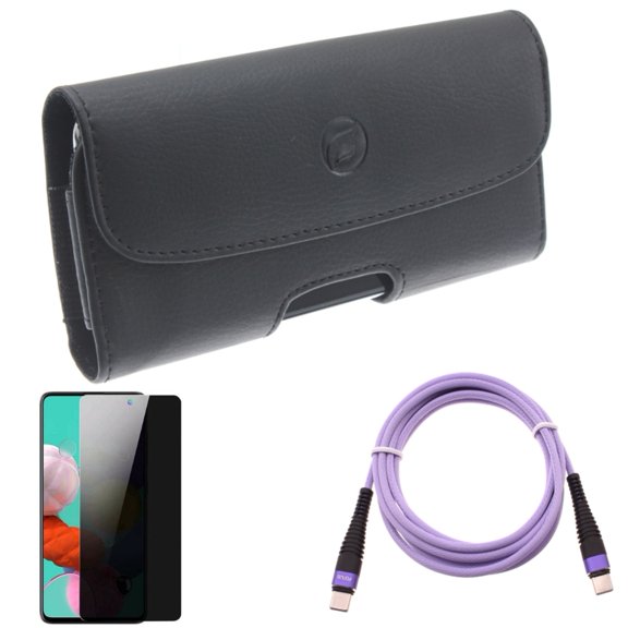 Privacy Screen Protector & Purple 10ft PD Cable & Case Belt Clip for Samsung Galaxy S20 Fan Edition - Tempered Glass Anti-Spy   Type-C to USB-C Fast Charger Cord   Leather Holster Combo