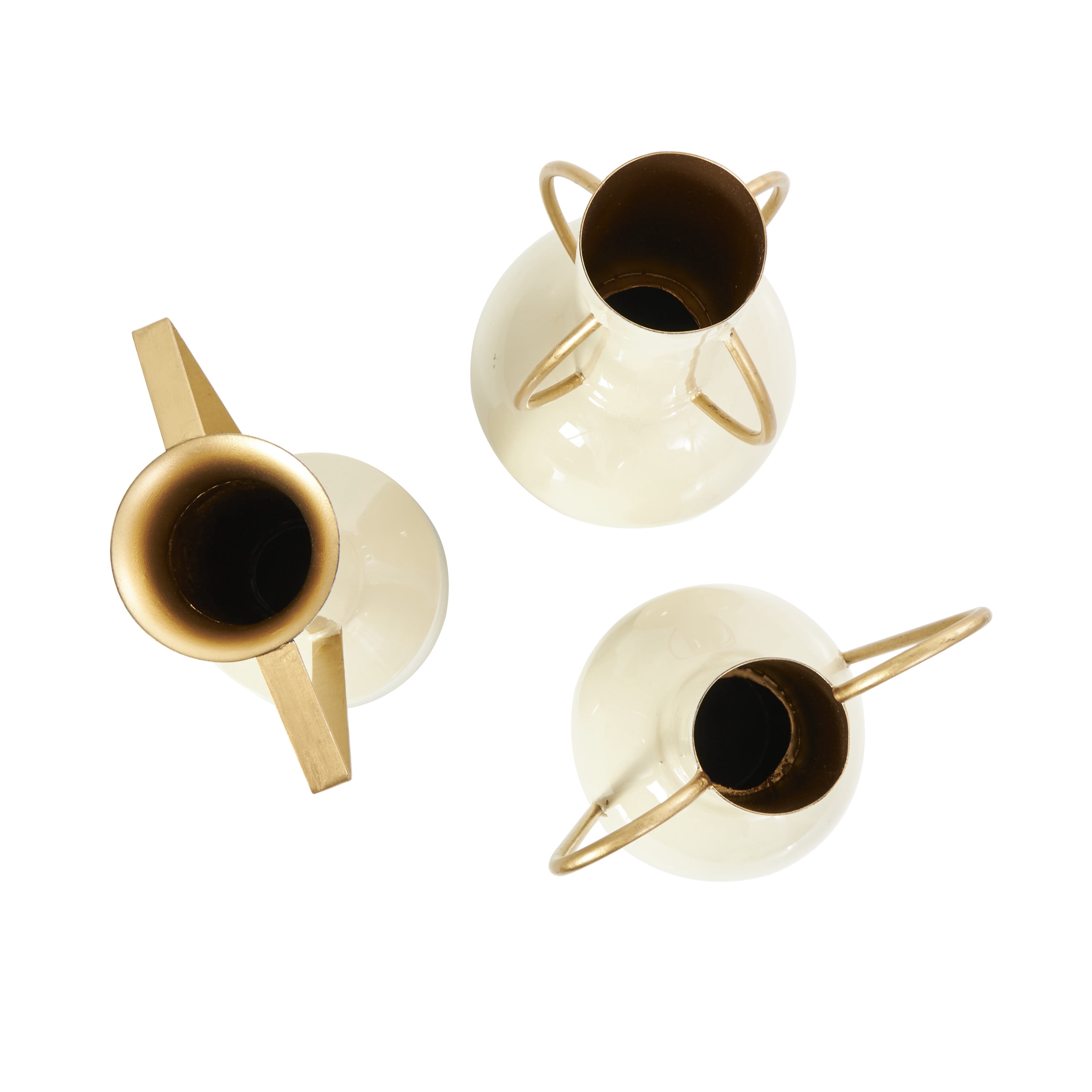 CosmoLiving by Cosmopolitan 11", 12", 12"H Abstract Cream Metal Vase with Varying Shapes and Geometric Gold Handles, Set of 3