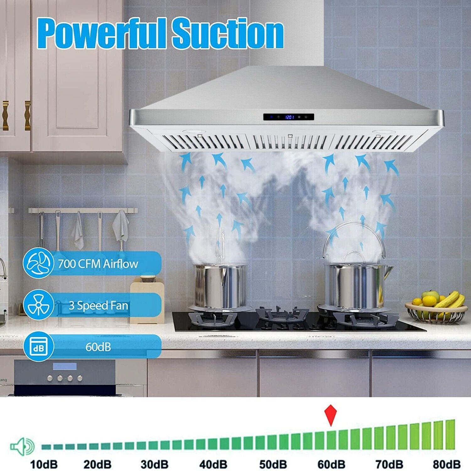 Tieasy 36 inch Wall Mount Range Hood Stainless Steel Kitchen Stove Vent 700CFM 3-Speed Fan Hood