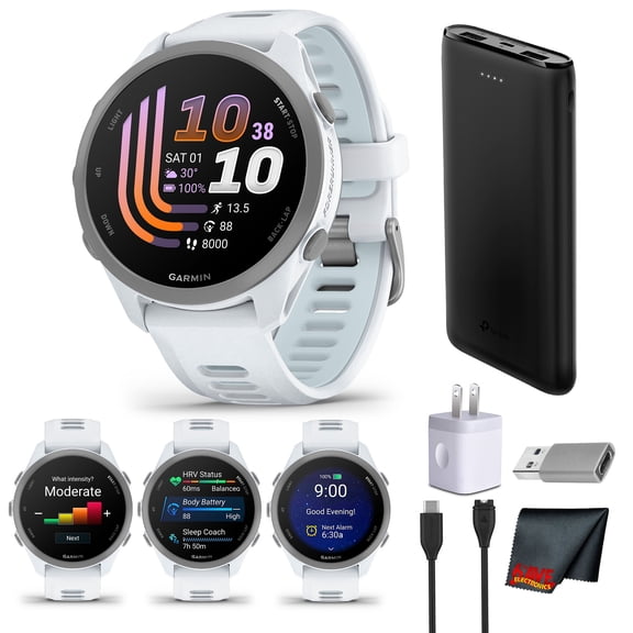 Garmin Forerunner 170 GPS Running Smartwatch | 1.2" AMOLED Display, Heart Rate Monitor, Activity Tracking | Whitestone/Cloud Blue Bundle
