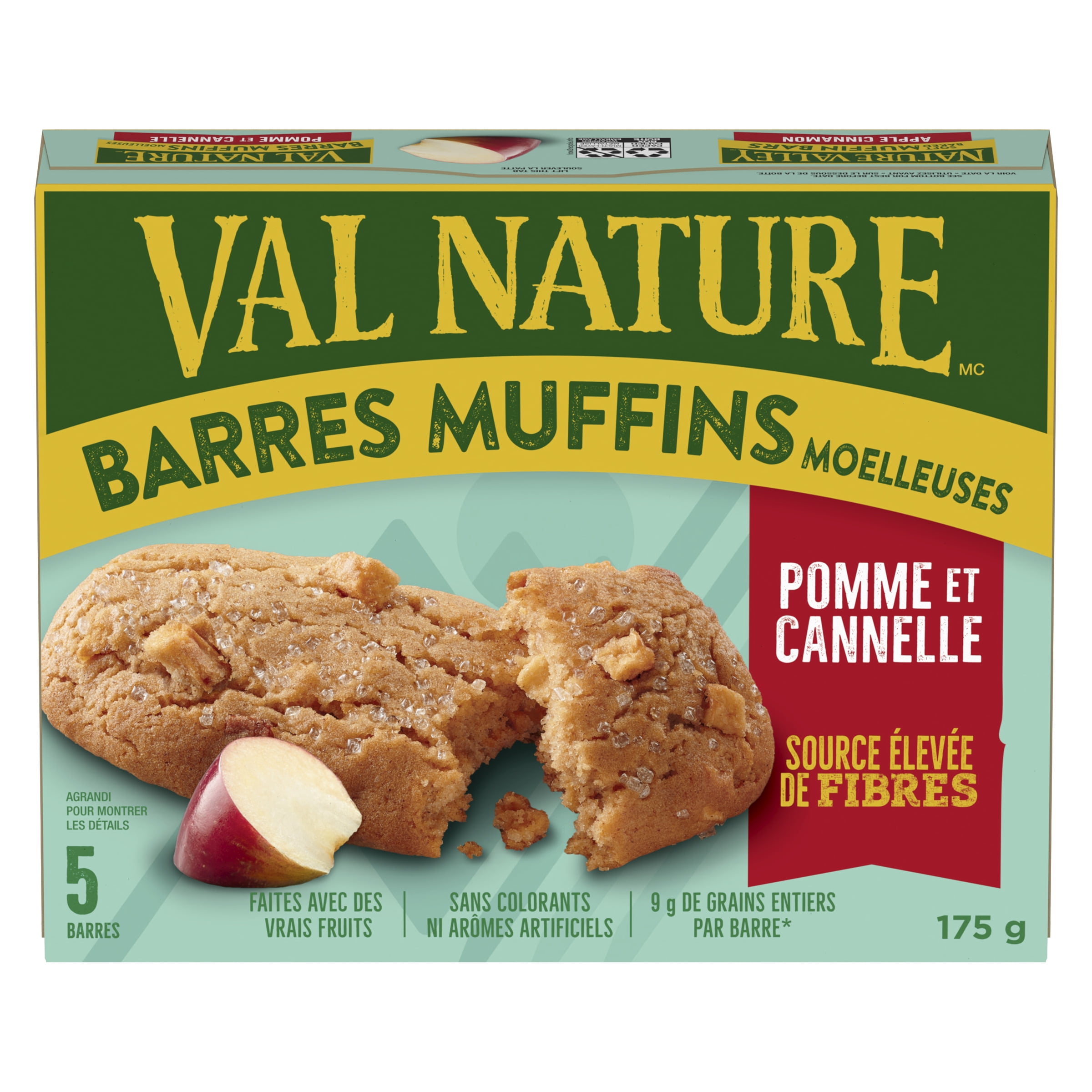 Val Nature Barres Muffins Moelleuse, Pomme et Cannelle, Barre à Emporter, 5 Barres