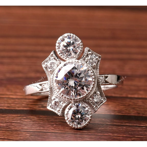Art Deco Three Stone Diamond Engagement Ring, Antique Bezel Set Milgrain Diamond Ring, Stackable Ring For Women, 925 Sterling Silver, 2.5 Ct Simulated Diamond, Mother's Day Gift