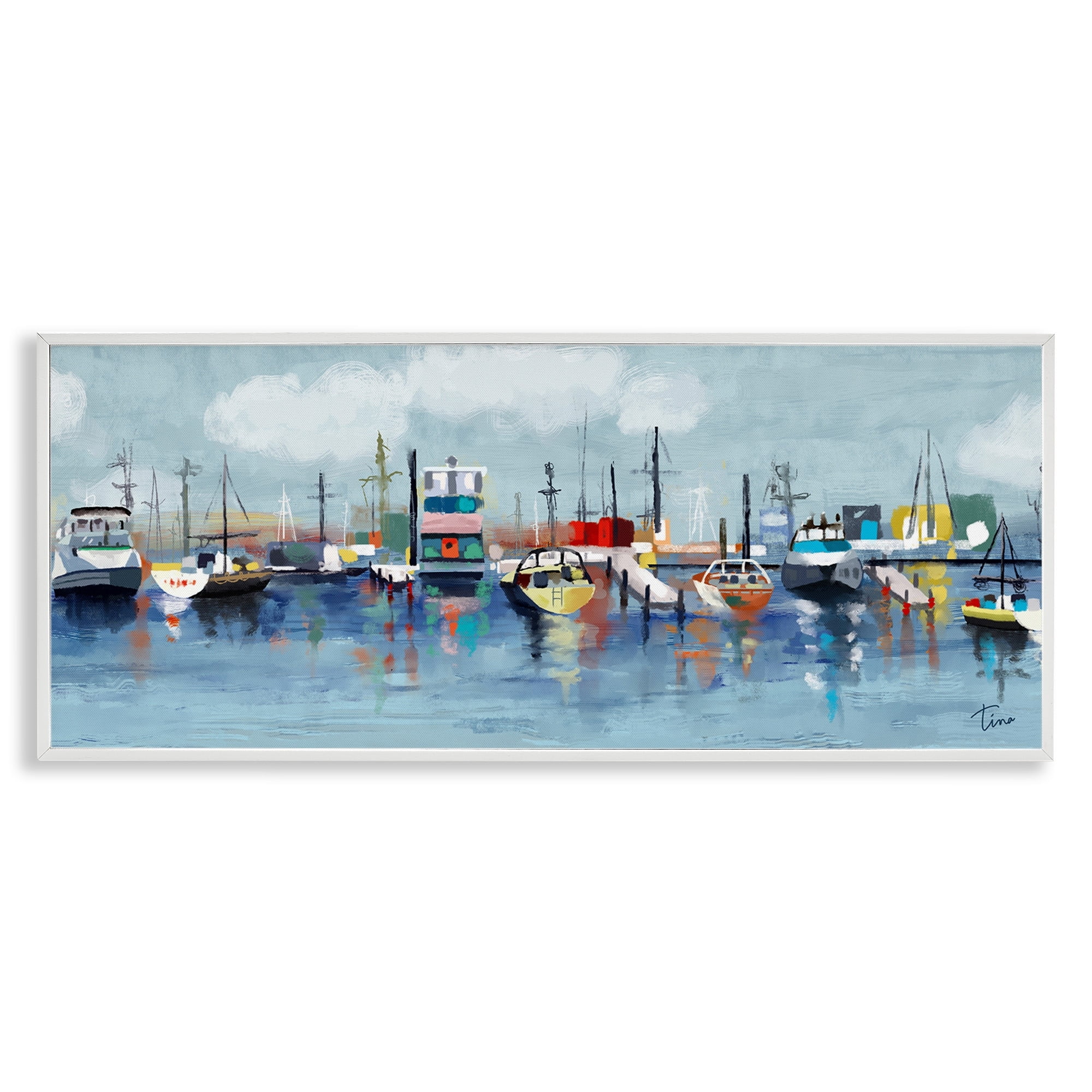 Stupell Industries Varied Boats Docked Port Marina Ocean Landscape Painting White Framed Art Print Wall Art, Design by Tina Finn