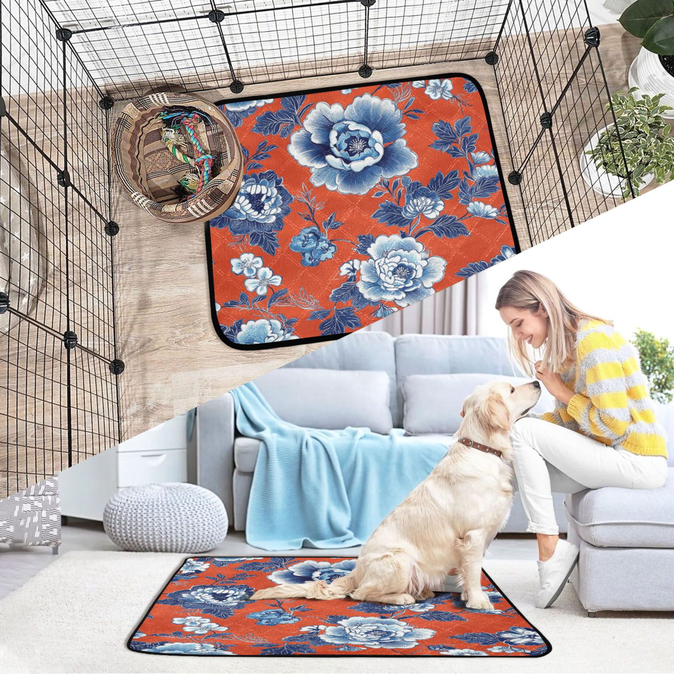 Qxltty Navy Blue Porcelain Flower Pattern Cat litter Pads Pet Set of 2 Diaper Mats Center Anti-leakage Layer Absorbent Soft and Comfortable