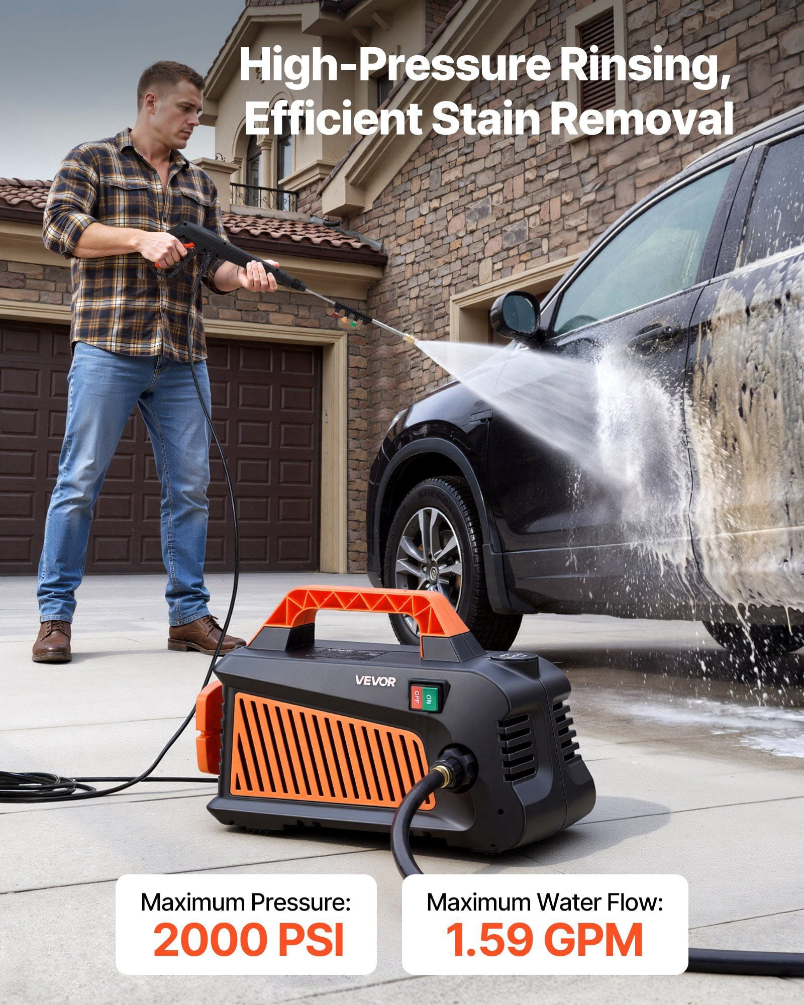 Electric Pressure Washer, 2000 Max PSI 1.59 Max GPM, Portable Power Washer with 4 Nozzles, Metal Extension Wand, Built-in Carry Handle, Compact & Flexible for Cars,Driveways,Patios,Fences,Home