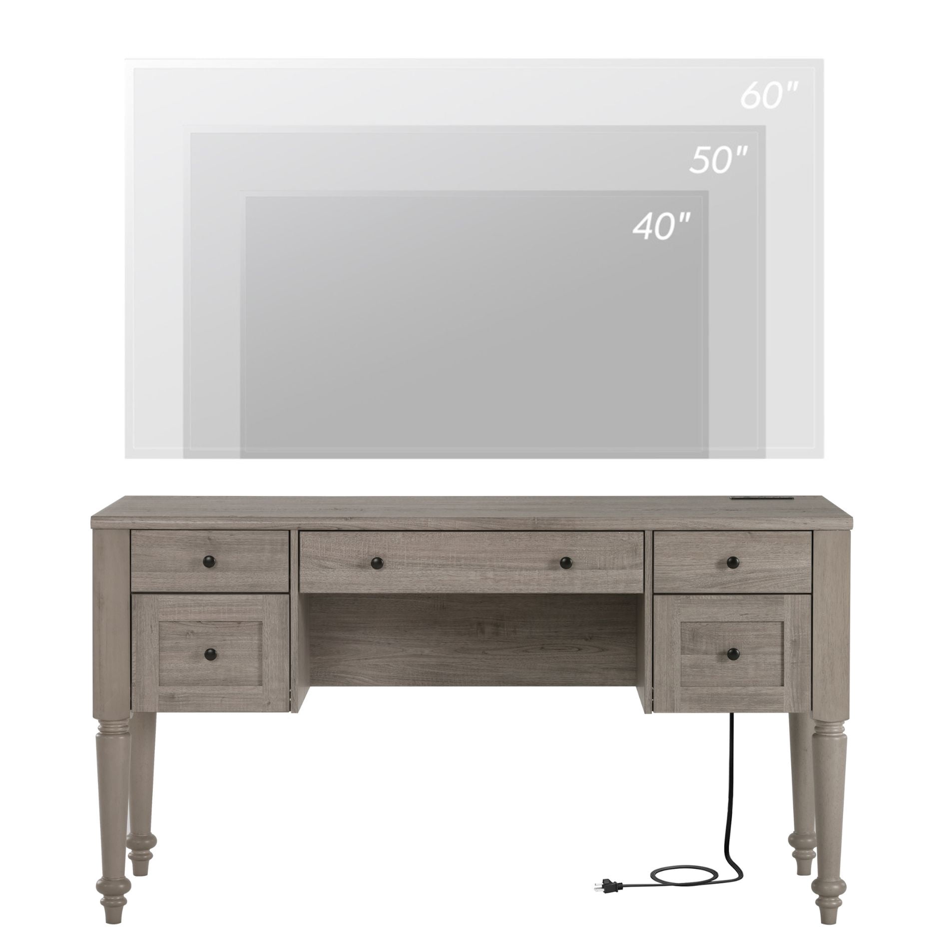 Farmhouse TV Stand for 60 Inch TV, Wood Entertainment Center with 5 Drawers, Storage Cabinets & Charging Station, Wash Gray