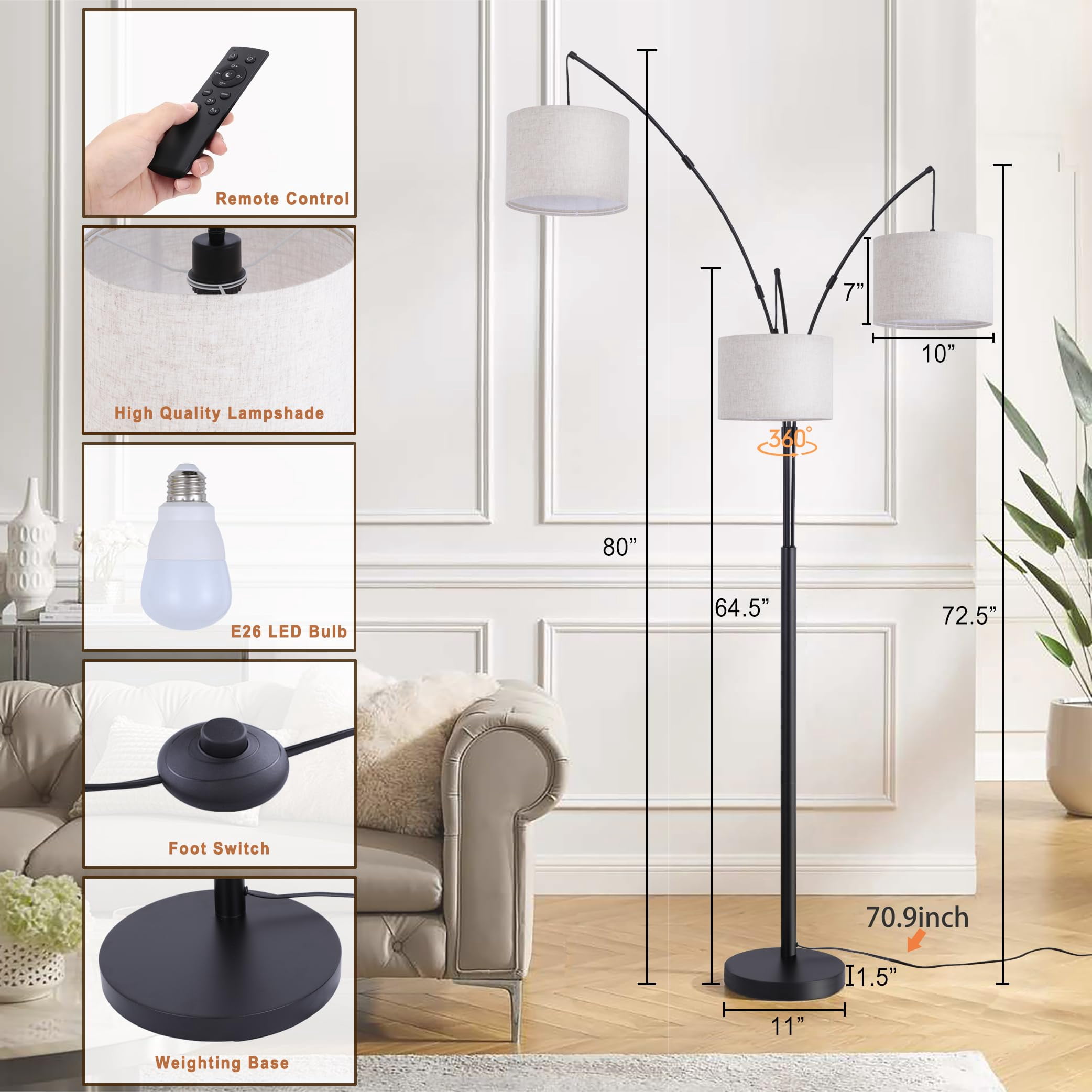 Lambaloom 3-Light Modern Remote Control Black Arched Floor Lamp with Beige/Grey Drum