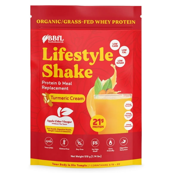 Best Bodies for Life - Meal Replacement Powder with A Shot of Apple Cider Vinegar - 15g Organic Grass Fed Whey Protein Lifestyle Shake - 15 Servings, Turmeric Curcumin Cream