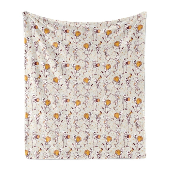 Skeleton Soft Flannel Fleece Throw Blanket, Halloween Themed Dancing and Playing Music with Pumpkins, Cozy Plush for Indoor and Outdoor Use, 60" x 80", Dried Rose Pale Orange, by Ambesonne