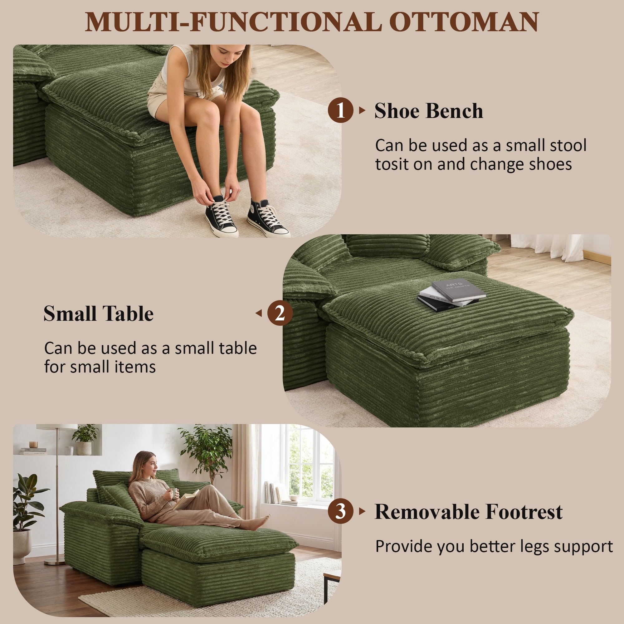 Aukfa 63.5" Oversized Chaise Lounge Sofa with Movable 2-Layer Ottoman, Deep Seat Boneless Couch, Corduroy Lounge Chair, Green