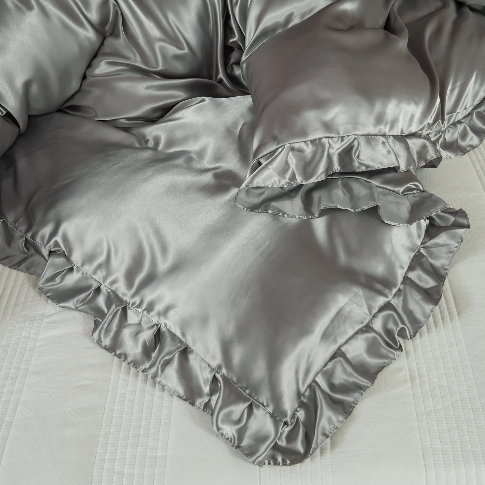 Move Over Light Gray Ruffle Comforter Set King Satin Bedding Set Gray Ruffle Design Solid Filling