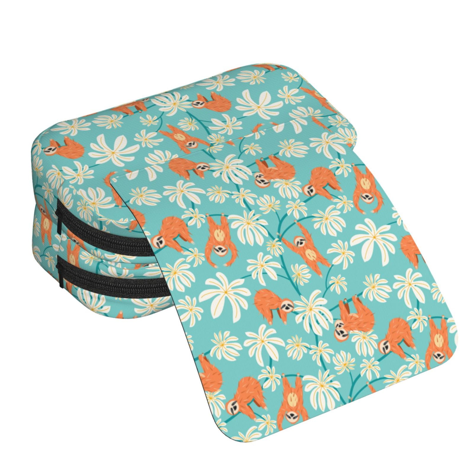 Rateoe Cute Sloth on Floral Tree Pattern Double Clamshell Pen Case, Storage Organizer with Two Zipper Compartments– Holds Up to 50 Pencils & Pens