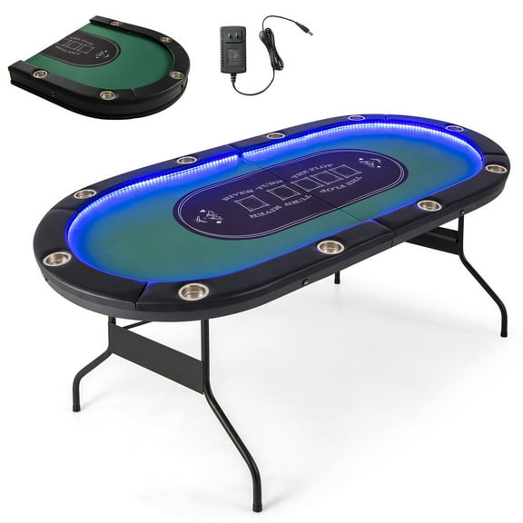YUONAO Foldable 10 Player Poker Table with LED Lights & USB Ports – Casino-Style Texas Hold’em Table for Home Game Nights, Clubs, Parties