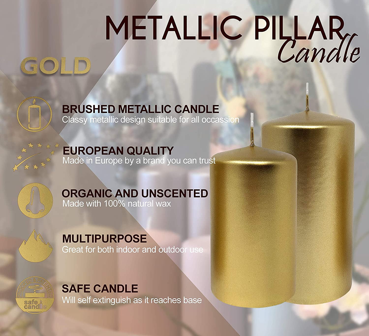 Hyoola 2.75 x 5 inch Metallic Gold Unscented European Made Pillar Candles, Paraffin Wax with Cotton Wicks, 6-Pack