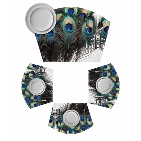 Peacock Feathers Round Placemats Set of 4, Beautiful Elegant Texture Watercolors Placemats for Round Dining Table Shape Wedge Placemats for Outdoor Indoor Wipeable Clean Table Place Mats