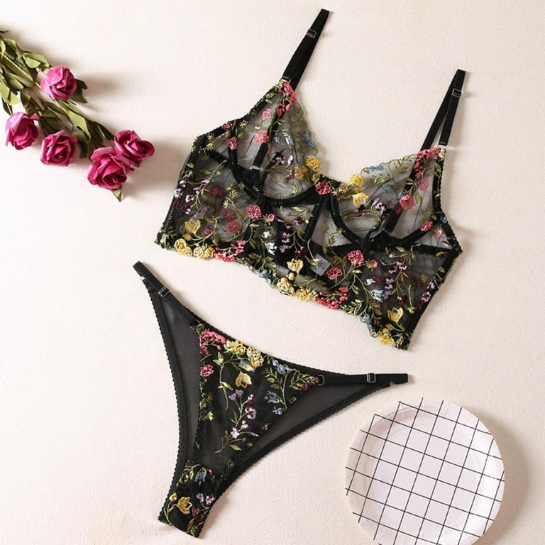 REORIAFEE Sexy Kawaii Cute Lingerie Wife Fashion Casual Floral Embroidery  Vest Underwire Slim Lingerie Set Black L 