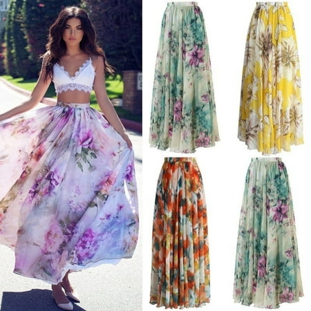 Summer Women Chiffon Floral Boho Dress Full Skirt Evening Party Long Maxi Dress