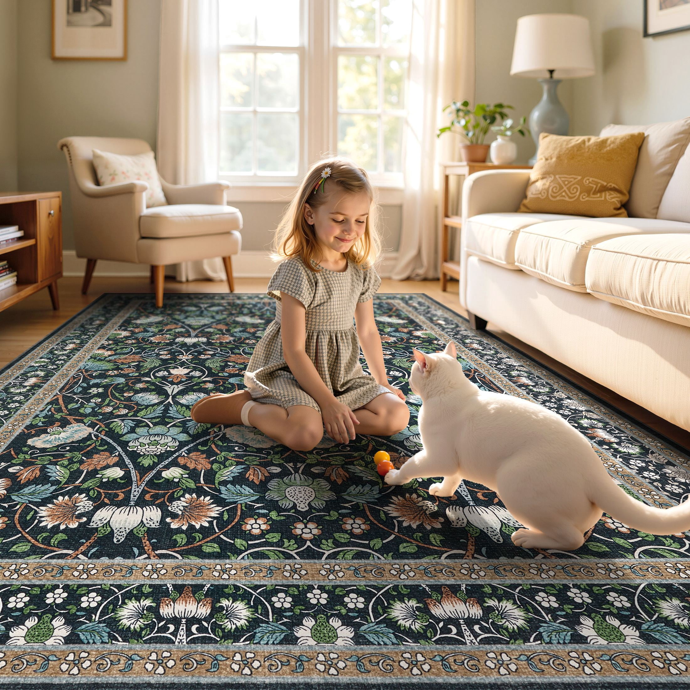 UERMEI 8x10 Large Area Rugs for Living Room, Indoor Washable Rug, Floral Area Rugs for Bedroom Home Office Decor Dining Room Carpets, Non Slip Low Pile - Black/Green/Brown