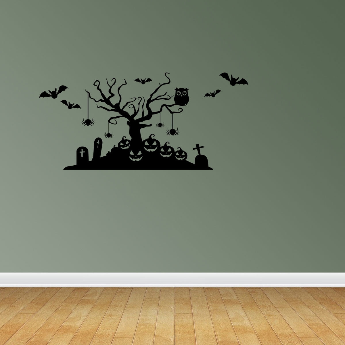 Empresal Halloween Scene Happy Halloween Wall Decals Tree Decal Spiders Vinyl Stickers Halloween Holiday Decor Art Black 28'Hx13'W JP666