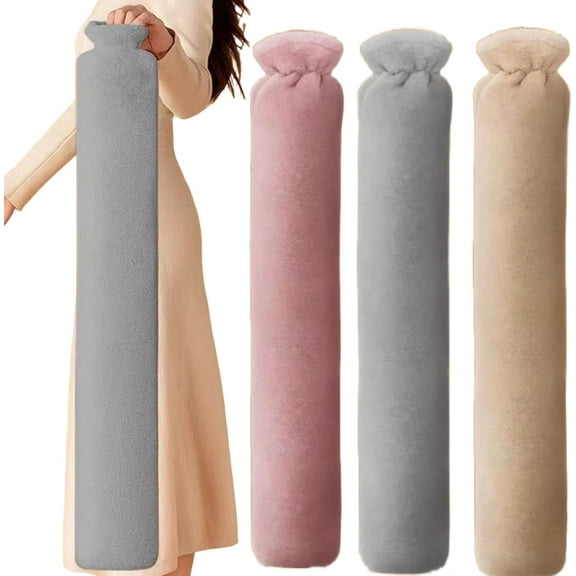 Extra Long Hot Water Bottle with Faux Rabbit Fur Cover, 2300ml (30.7in) Rubber Hot Water Bag for Pain Relief, Cramps, Neck Back Waist Feet Warmer, Hot & Cold Compress for Winter (Gray)