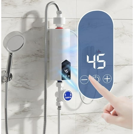 Hinzonek Electric Tankless Water Heater Shower Head Set, 3500W Instant Hot Water Heater LCD Display for Home Bathroom Kitchen ,White