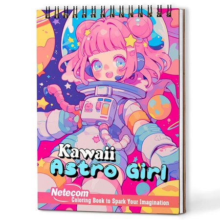 Netecom Kawaii Astronaut Girl Coloring Book for Adults and Women, A5 Wooden Cover, 30 Fantastic Outer Space Coloring Pages of Astronaut Girl for Stress Relief and Relaxation, Spiral Bound Edition