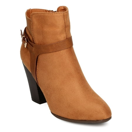 Brown Suede High Heel - Nature Breeze FF40 Women Faux Suede Harness Buckle Chunky Heel Bootie
