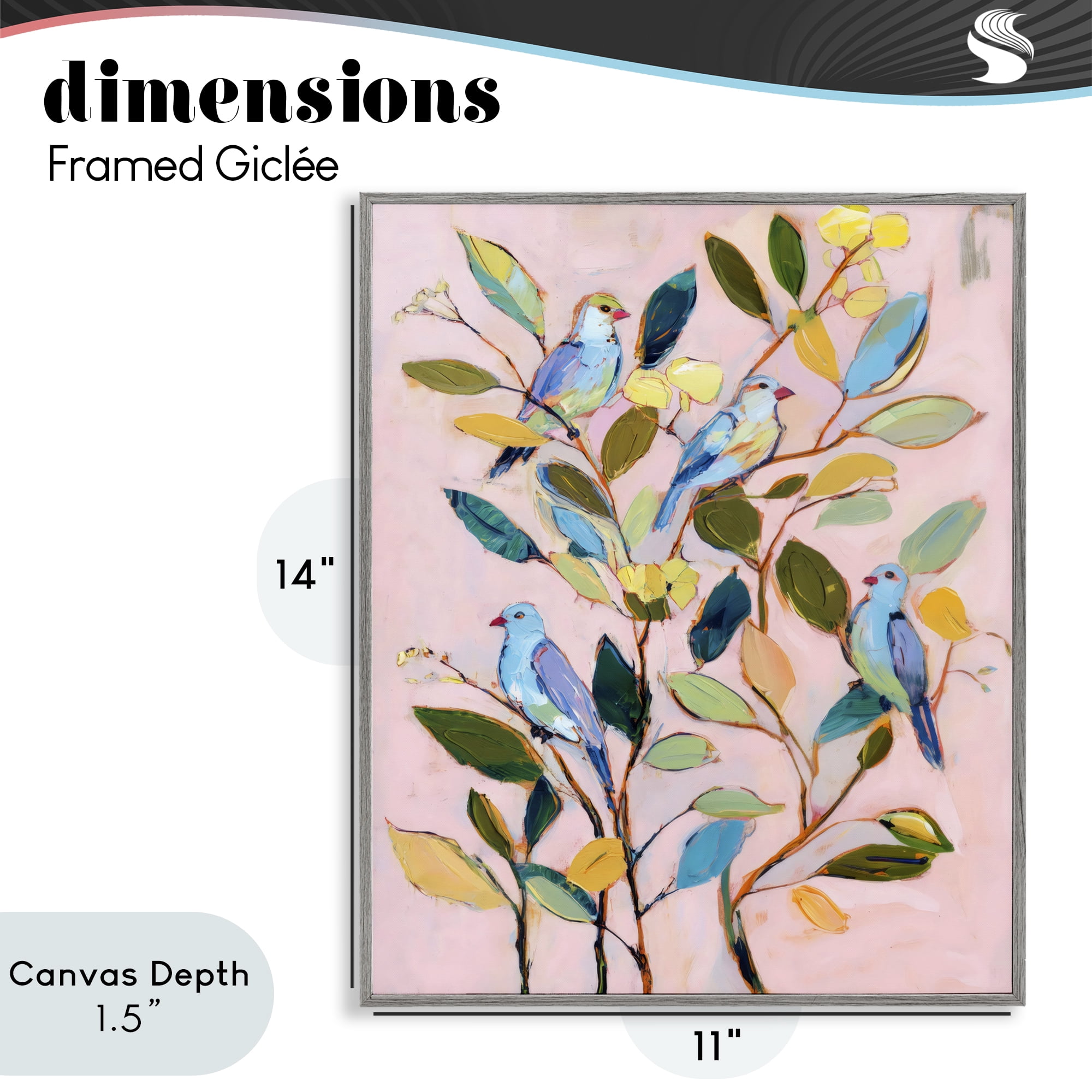 Stupell Industries Birds Between Leaves Impression Gray Framed Giclee Art, design by Sisi and Seb