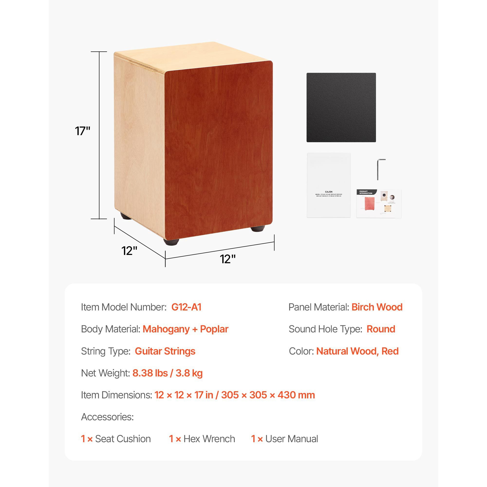 Cajon Box Drum Wooden Percussion Instrument Drum with Guitar Strings Birch, Wood