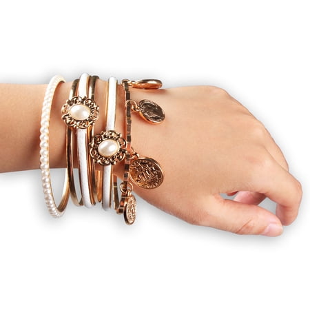 Gold 6-Piece Bangle Set with Imitation Pearls
