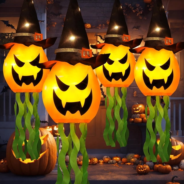 Cuorung Decoraciones de Halloween Decoración al aire libre Colgante Iluminado Sombrero de bruja de calabaza brillante con 3 modos iluminados Decoraciones de Halloween de color naranja aterrador para i