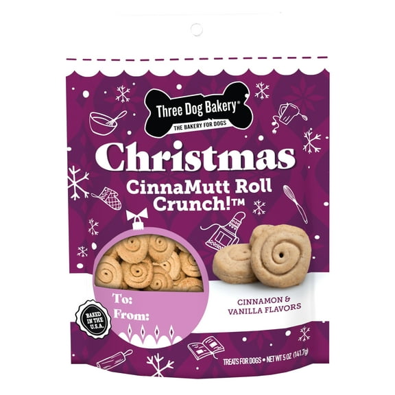 Three Dog Bakery Christmas Cinnamutt Roll Crunch Treats, Premium Treats for Dogs, 5 Ounces Each