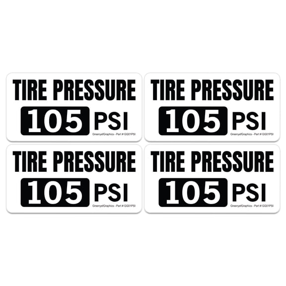 (4 Pack) Tire Pressure 105 PSI Stickers, Laminated Vinyl Decals, Truck Safety Markings, Self-Adhesive Durable Labels (2" x 1", Black/White)