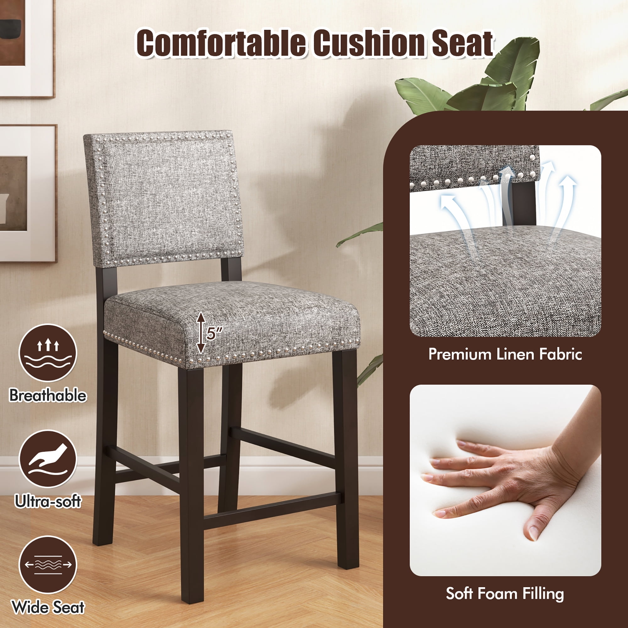 Gymax 4PCS Upholstered Bar Stools 26 Inch Counter Height Chairs w/ Sponge Cushions