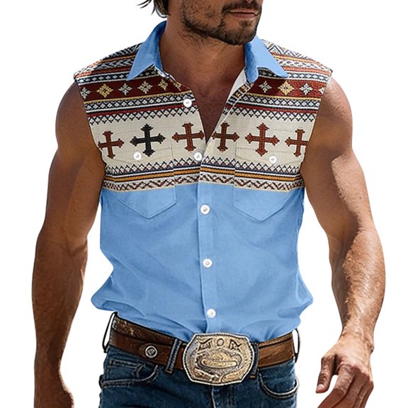 IWRICH Plus Size Tank Tops for Men Western Cowboy Collar Sleeveless Button down Shirts Stylish Vacation Tops Light Blue XL
