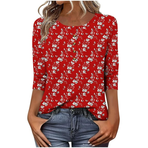 Fznquz 3/4 Length Sleeve Women T Shirt Casual Loose Fit Red Shirt Button Floral Crewneck Womens Fall Clothing,M